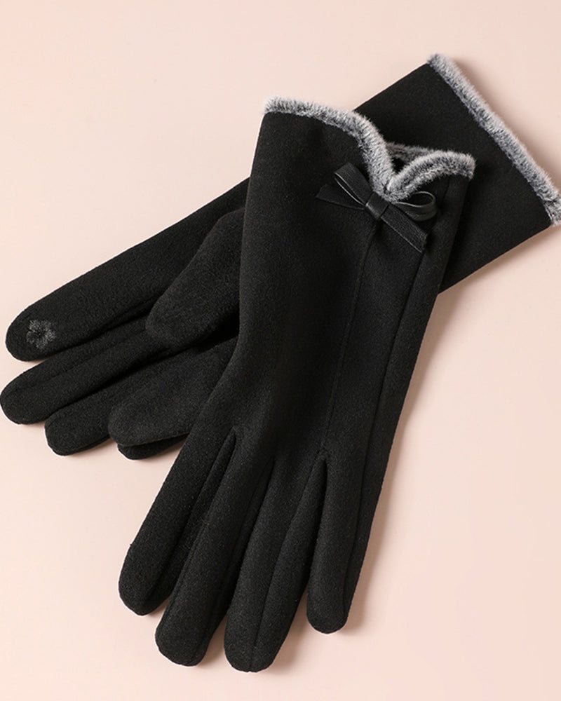 Fuzzy Plush Bow Accent Warm & Cold-Resistant Touchscreen Gloves