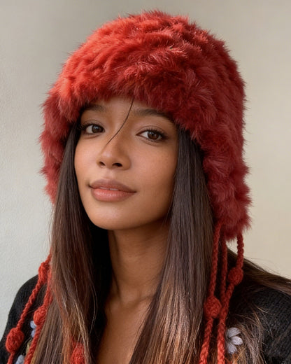 Hand-Knitted Rabbit Fur Plush Ear-Flap Hat