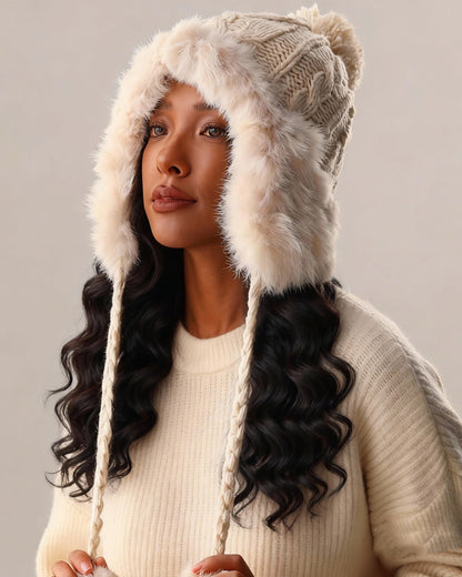 Angora Fleece-Lined Insulated Pom-Pom Knit Earflap Beanie