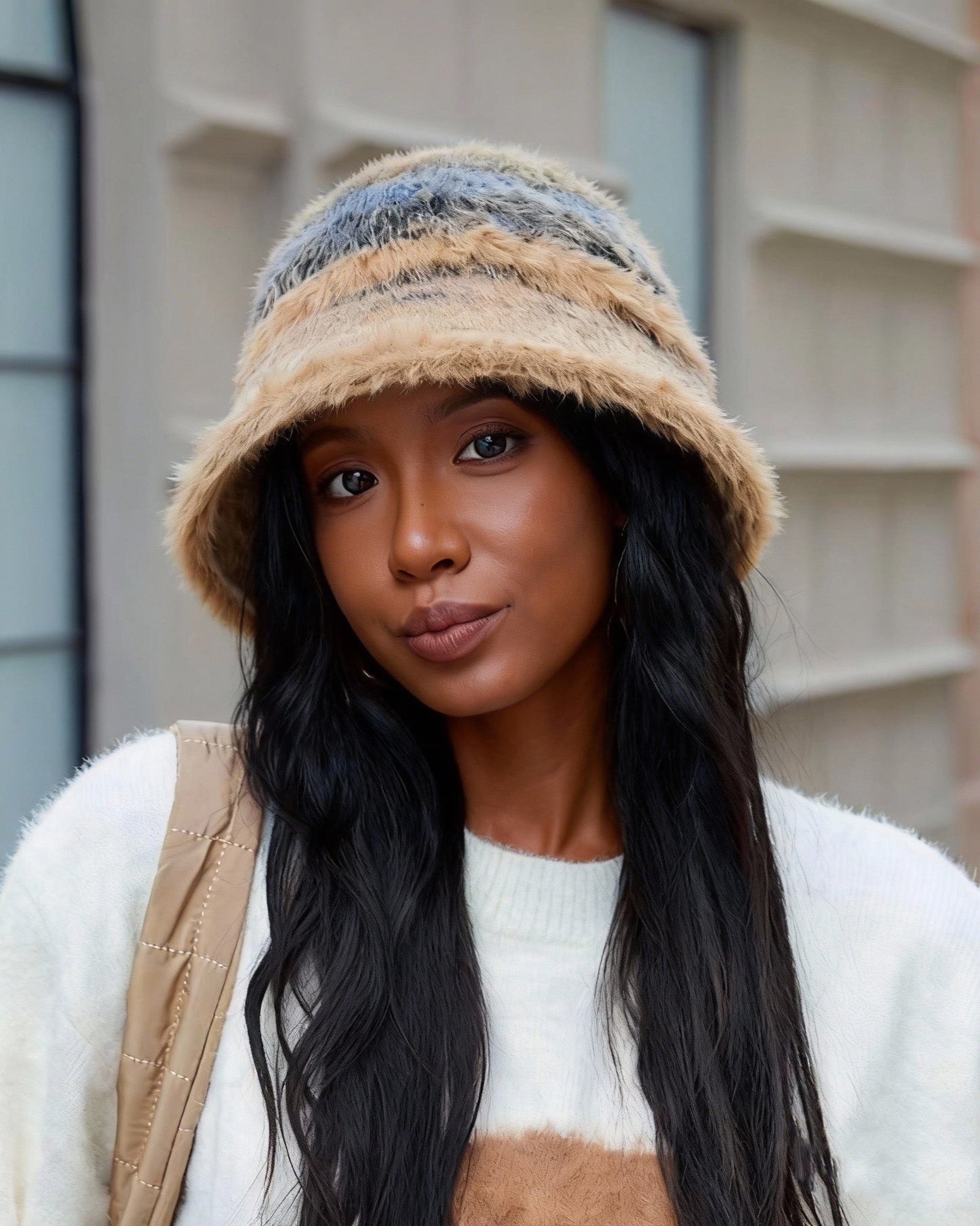 High-Quality Plush Gradient Color Block Warm Knit Bucket Hat