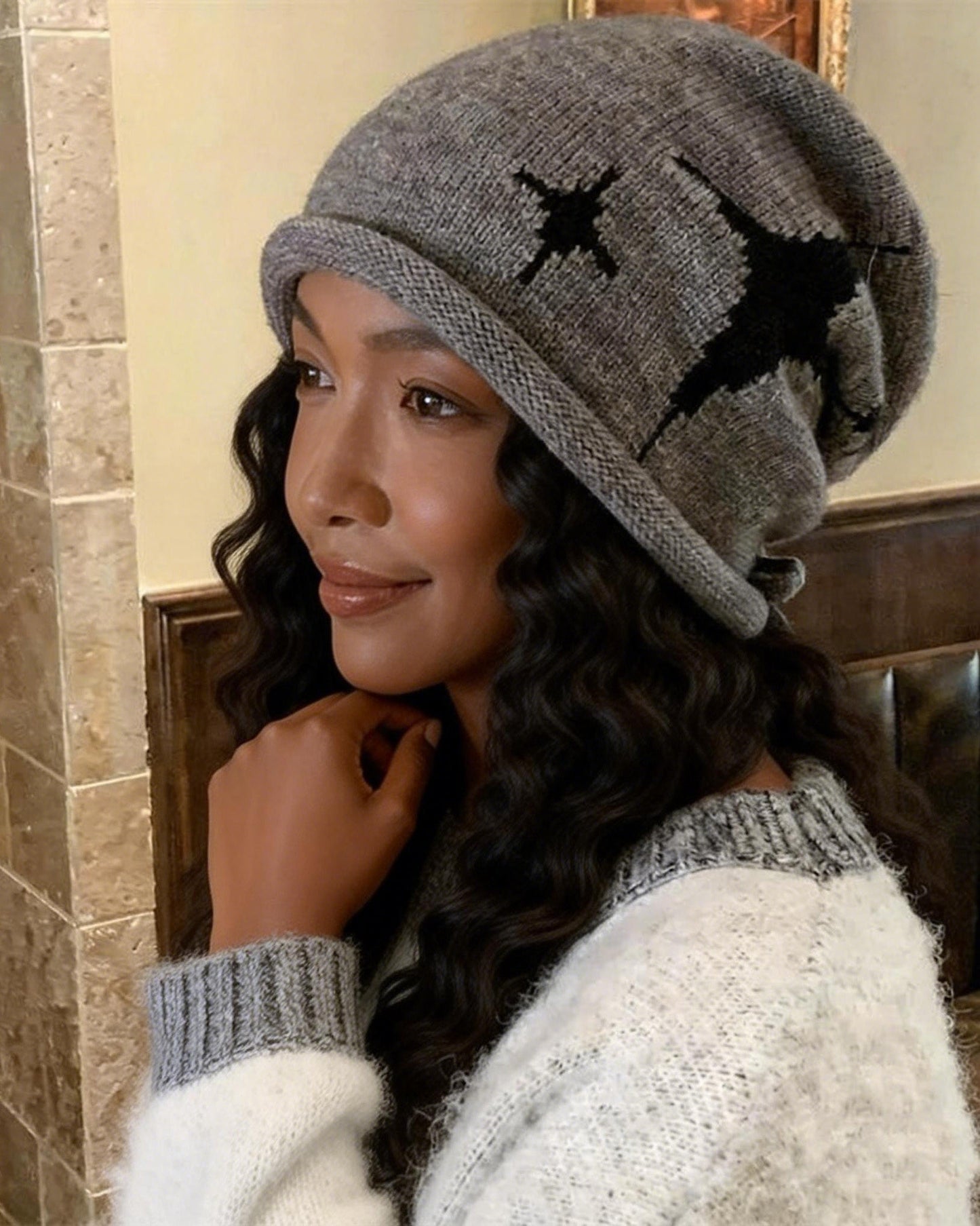 Star Pattern Knitted Warm Slouchy Beanie with Back Drawstring