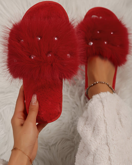 Cozy Pearl Long Plush Fuzzy Flat Slippers