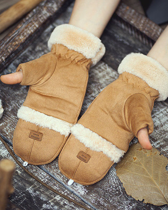 Suede Fleece-Lined Insulated Adjustable Gloves