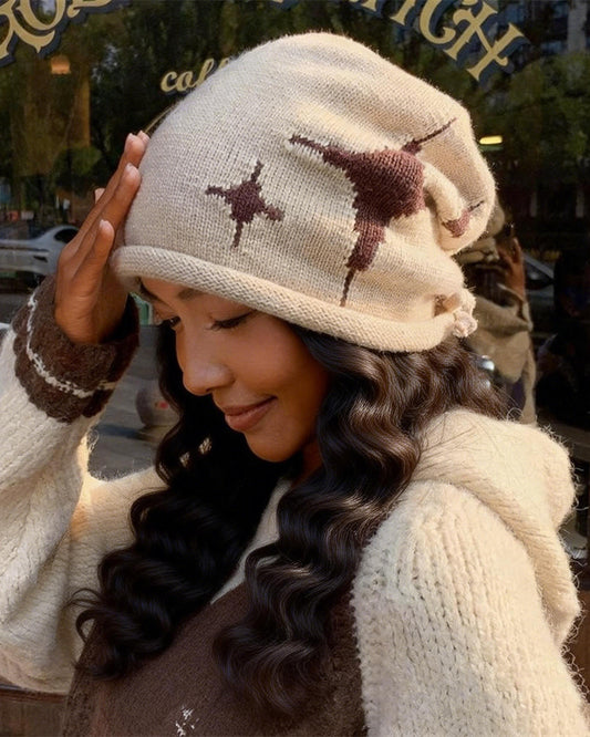Star Pattern Knitted Warm Slouchy Beanie with Back Drawstring