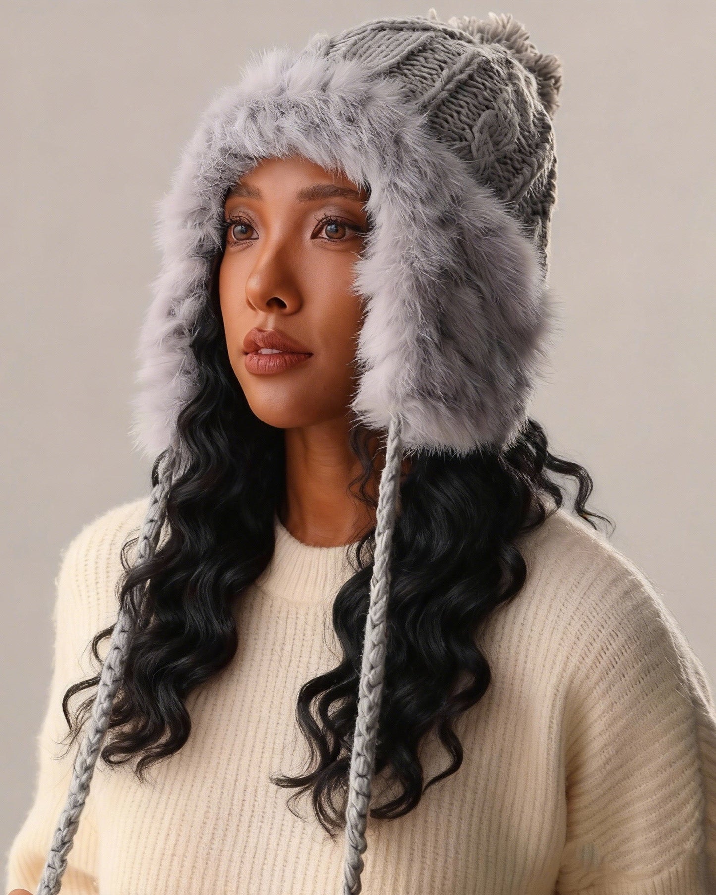 Angora Fleece-Lined Insulated Pom-Pom Knit Earflap Beanie