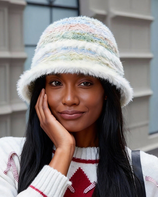 High-Quality Plush Gradient Color Block Warm Knit Bucket Hat