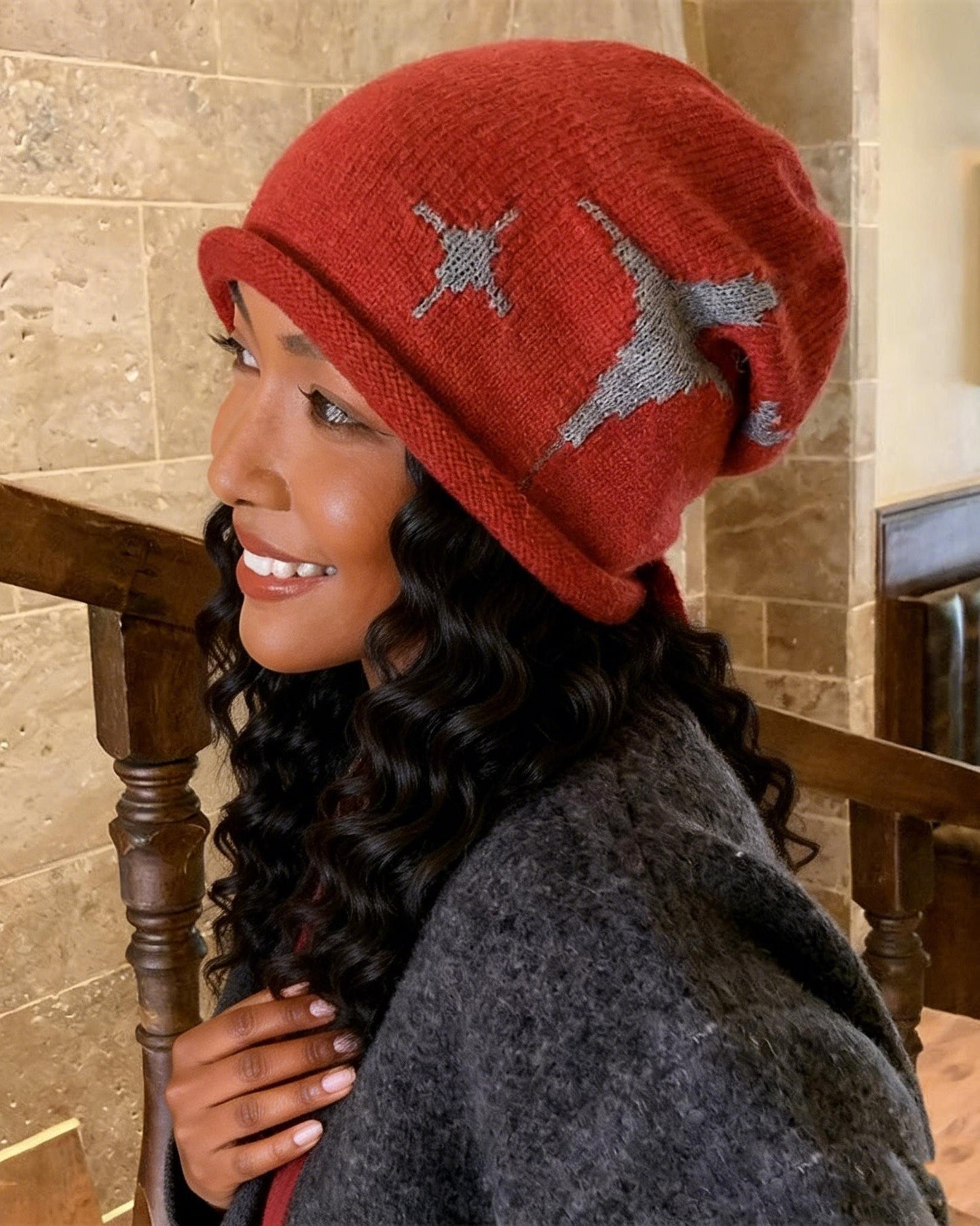 Star Pattern Knitted Warm Slouchy Beanie with Back Drawstring