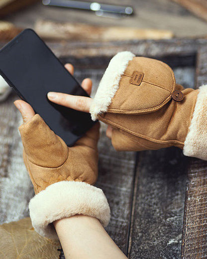 Suede Fleece-Lined Insulated Adjustable Gloves