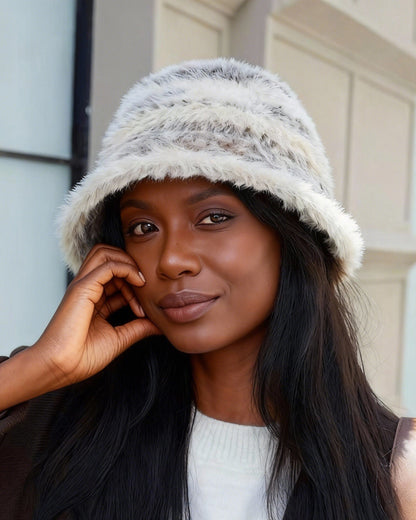 High-Quality Plush Gradient Color Block Warm Knit Bucket Hat