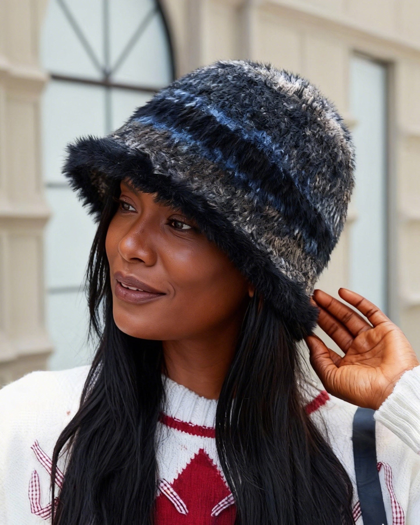 High-Quality Plush Gradient Color Block Warm Knit Bucket Hat