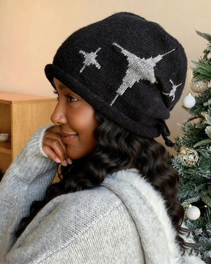 Star Pattern Knitted Warm Slouchy Beanie with Back Drawstring