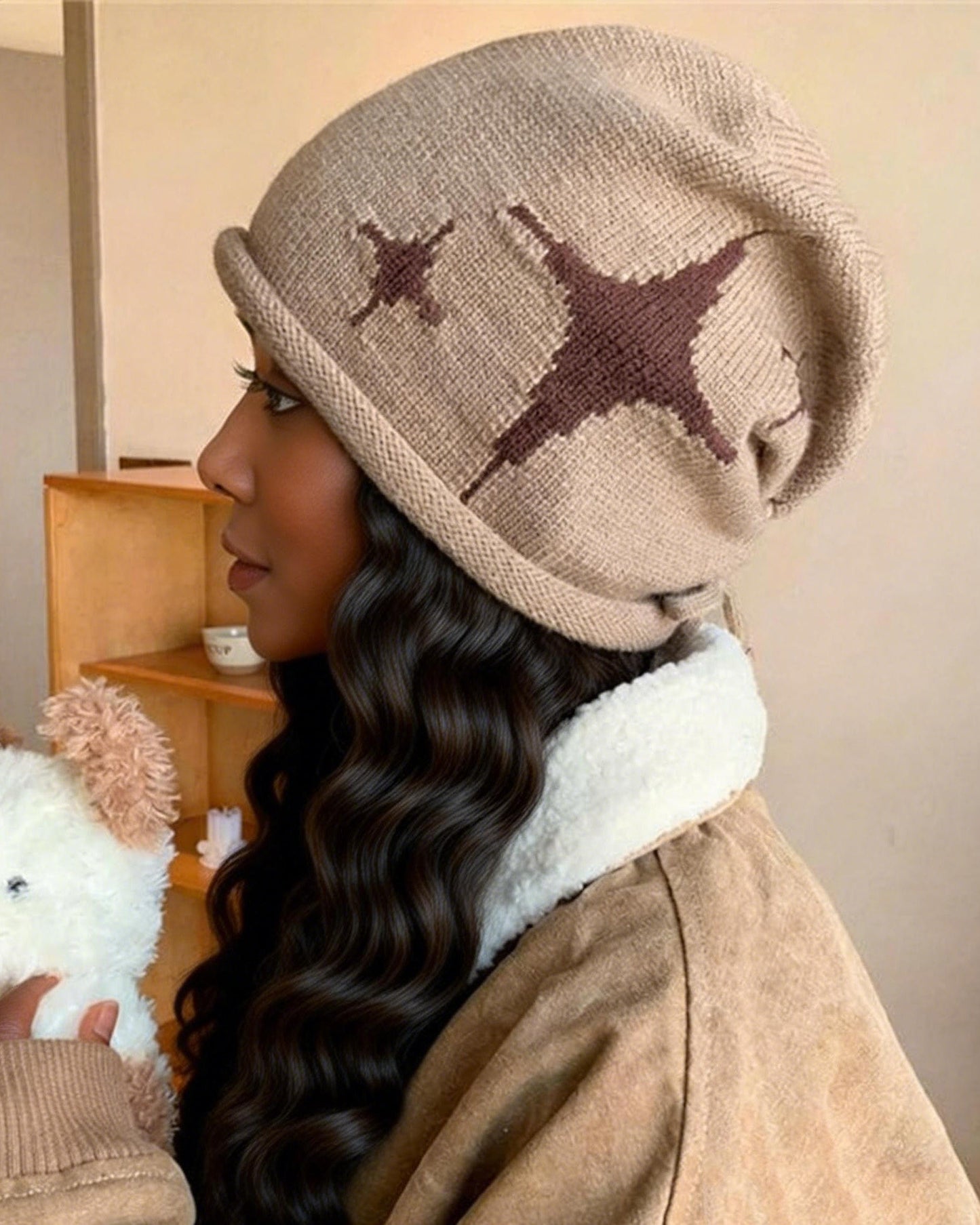 Star Pattern Knitted Warm Slouchy Beanie with Back Drawstring