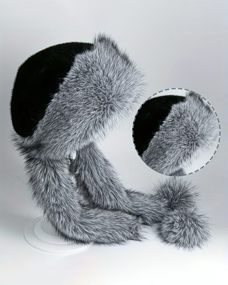 Women's Dome-Shaped Fox Fur Wide Brim Pom-Pom Hat