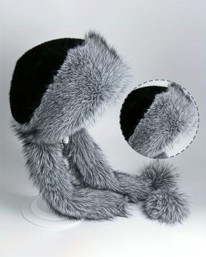 Women's Dome-Shaped Fox Fur Wide Brim Pom-Pom Hat
