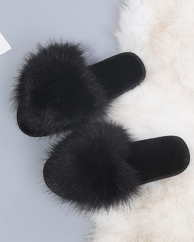Solid Color Long Plush Fuzzy Flat Slippers