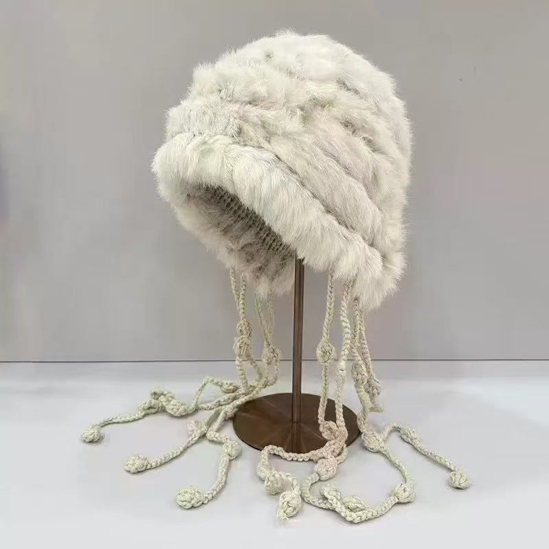 Hand-Knitted Rabbit Fur Plush Ear-Flap Hat