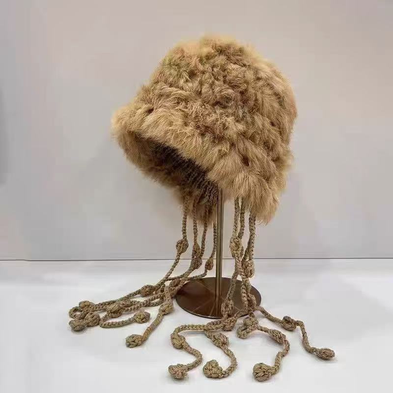 Hand-Knitted Rabbit Fur Plush Ear-Flap Hat