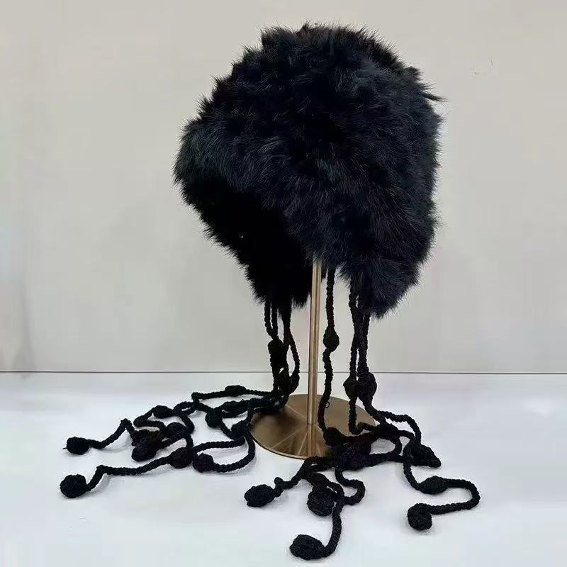 Hand-Knitted Rabbit Fur Plush Ear-Flap Hat