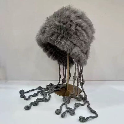 Hand-Knitted Rabbit Fur Plush Ear-Flap Hat