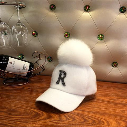 Hat Women's Autumn And Winter Haima Fur Cap Women's Rhinestone R Letter Removable F Faux Fox Fur Ball Baseball Cap
