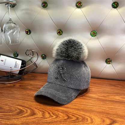 Hat Women's Autumn And Winter Haima Fur Cap Women's Rhinestone R Letter Removable F Faux Fox Fur Ball Baseball Cap