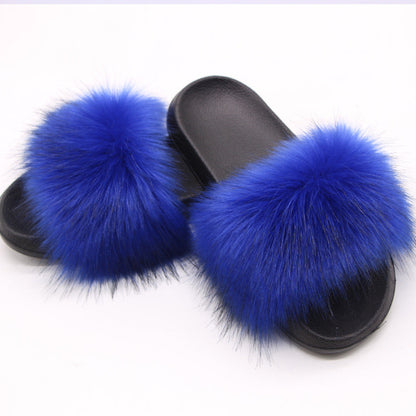Fox Fur Soft Black Sole Slippers