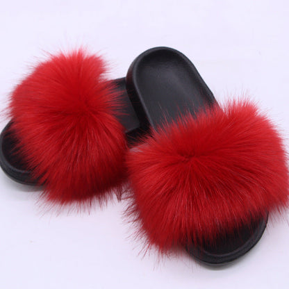 Fox Fur Soft Black Sole Slippers