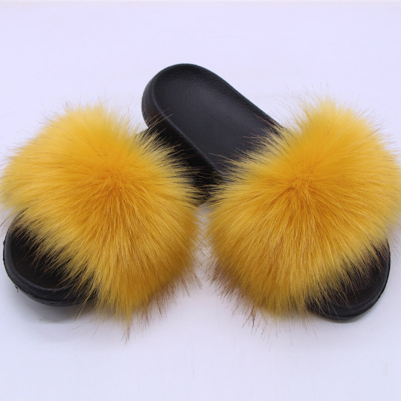 Fox Fur Soft Black Sole Slippers