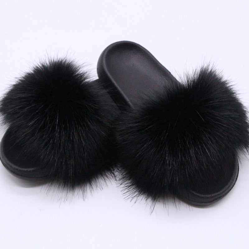 Fox Fur Soft Black Sole Slippers