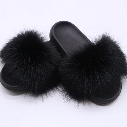 Fox Fur Soft Black Sole Slippers