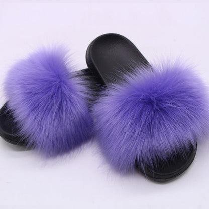 Fox Fur Soft Black Sole Slippers
