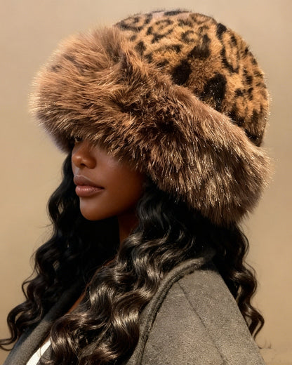 Women's Leopard Print Knitted Mongolian Hat, Thick Warm Hat