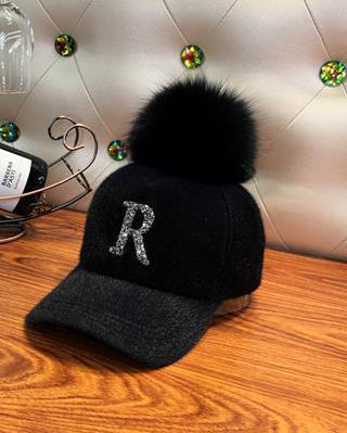 Hat Women's Autumn And Winter Haima Fur Cap Women's Rhinestone R Letter Removable F Faux Fox Fur Ball Baseball Cap