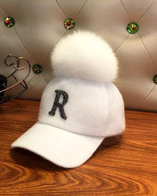 Hat Women's Autumn And Winter Haima Fur Cap Women's Rhinestone R Letter Removable F Faux Fox Fur Ball Baseball Cap