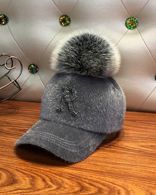 Hat Women's Autumn And Winter Haima Fur Cap Women's Rhinestone R Letter Removable F Faux Fox Fur Ball Baseball Cap