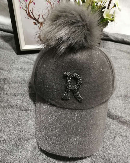 Hat Women's Autumn And Winter Haima Fur Cap Women's Rhinestone R Letter Removable F Faux Fox Fur Ball Baseball Cap