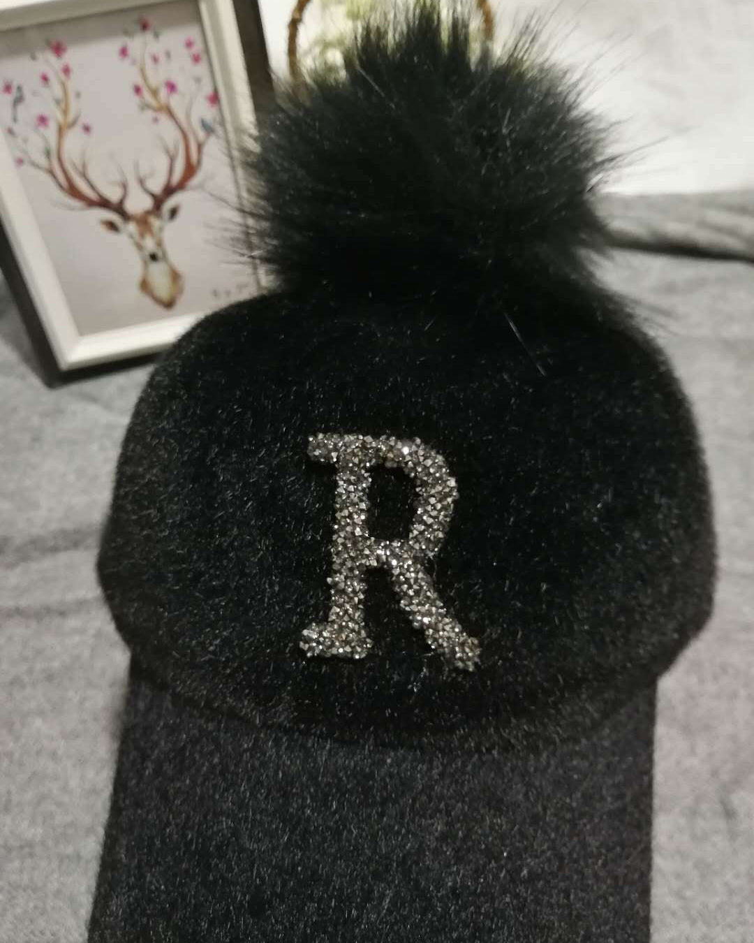 Hat Women's Autumn And Winter Haima Fur Cap Women's Rhinestone R Letter Removable F Faux Fox Fur Ball Baseball Cap