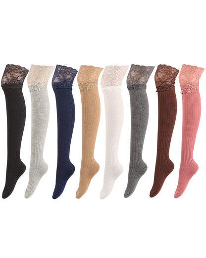 Lace Trim 100% Cotton Warm Thigh-High Stockings