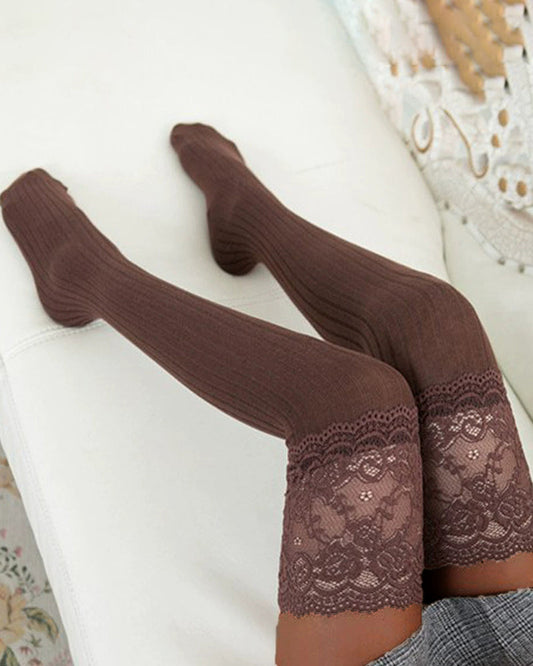 Lace Trim 100% Cotton Warm Thigh-High Stockings