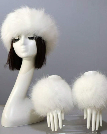 2pcs Set Solid Color Acrylic Fuzzy Beanie Hat And Cuffs