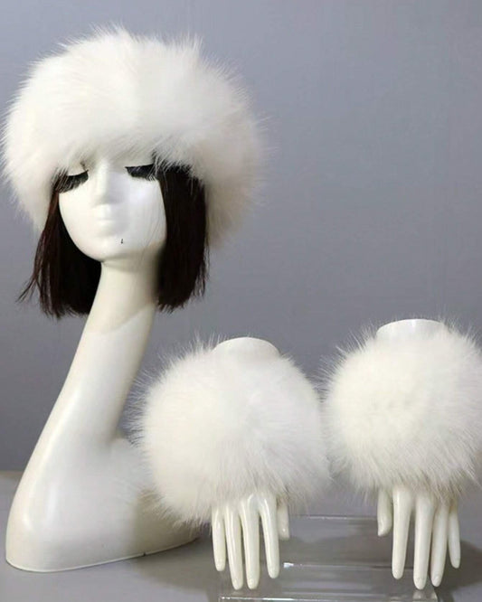 2pcs Set Solid Color Acrylic Fuzzy Beanie Hat And Cuffs