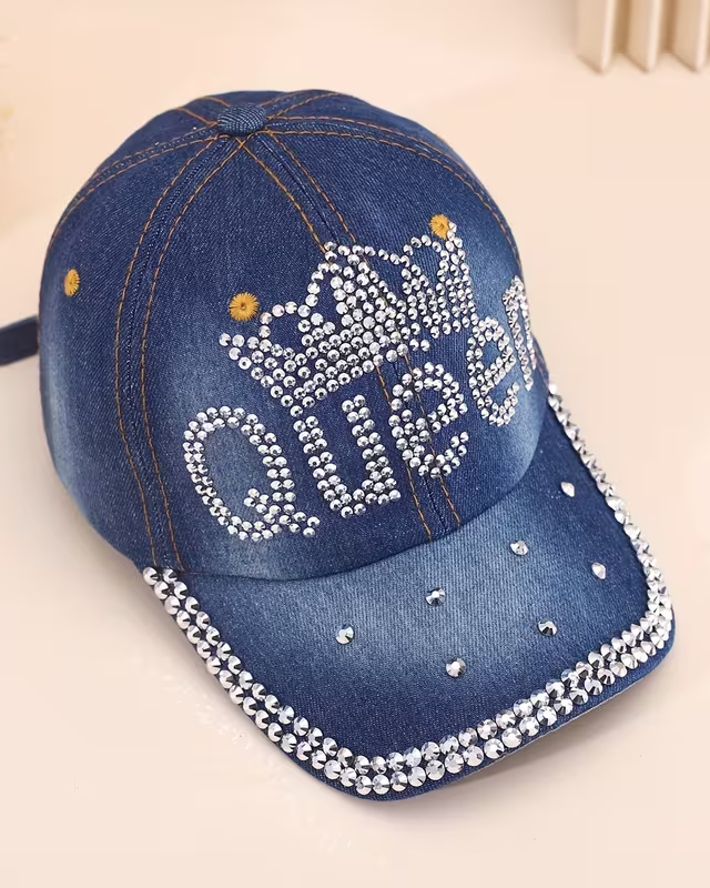 High-quality Rhinestone Queen Retro Adjustable Denim Baseball Cap