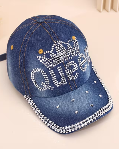 High-quality Rhinestone Queen Retro Adjustable Denim Baseball Cap