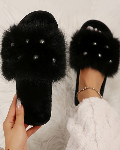 Cozy Pearl Long Plush Fuzzy Flat Slippers