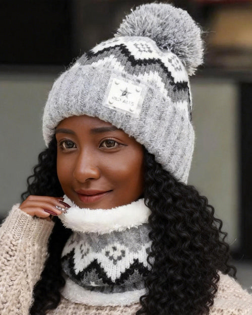 Cute Pom-Pom Fleece-Lined Earflap Neck Gaiter Knit Beanie