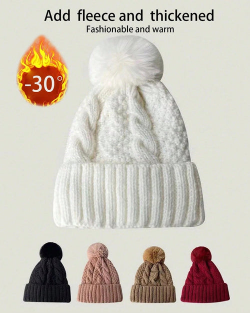 Women Warm Knitted Hat With Large Fur Pom Pom