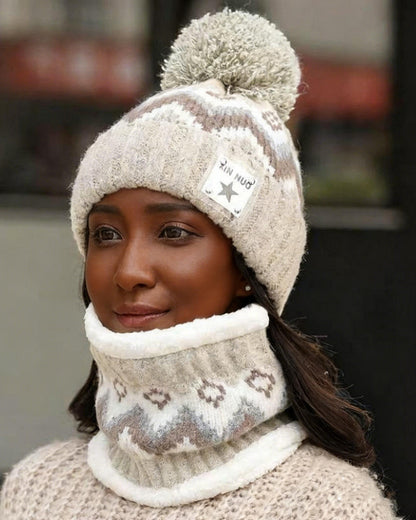 Cute Pom-Pom Fleece-Lined Earflap Neck Gaiter Knit Beanie