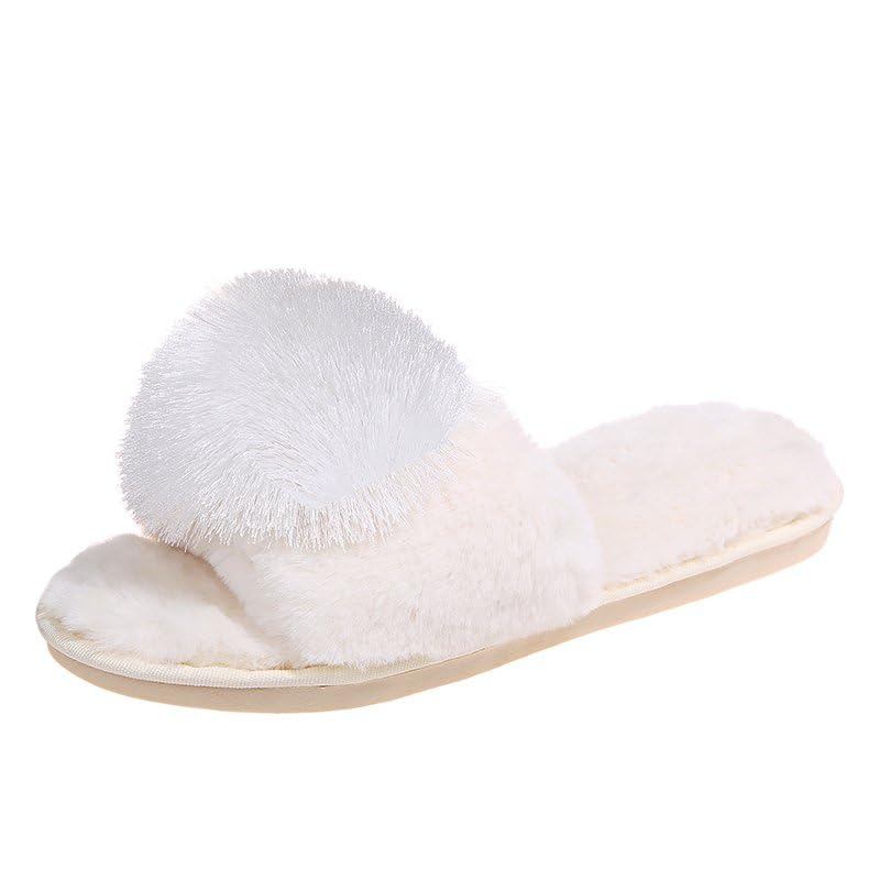 Solid Color Big Pom Pom Flat Fuzzy Plush Slippers