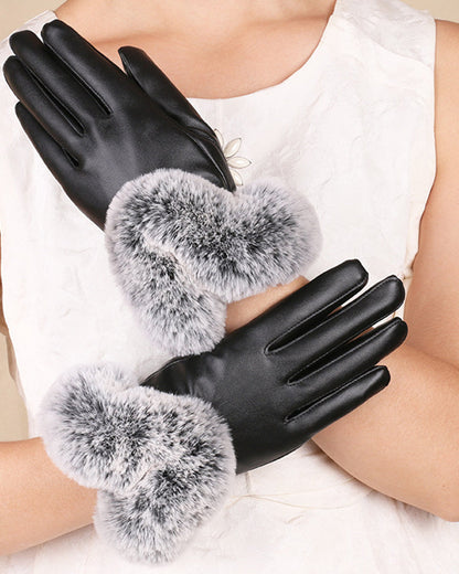 PU Leather Rabbit Fur Fleece-Lined Touchscreen Gloves