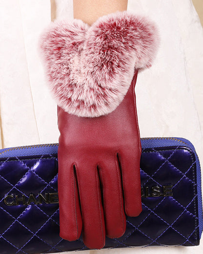 PU Leather Rabbit Fur Fleece-Lined Touchscreen Gloves